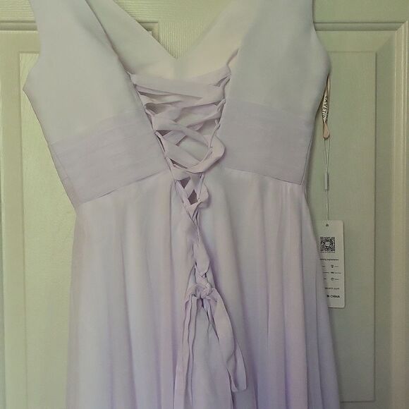 Lavetir White‎ V Neck Cinched Waist Chiffon Flowy Midi Tied Back Dress Size 9 - Picture 7 of 9
